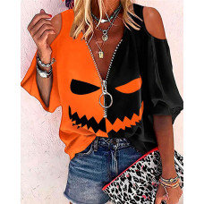 Halloween Graphic Print Colorblock Cold Shoulder Top - orange