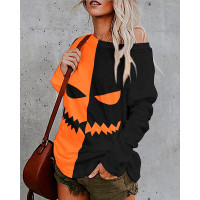 Halloween Graphic Print Colorblock Long Sleeve Top - orange