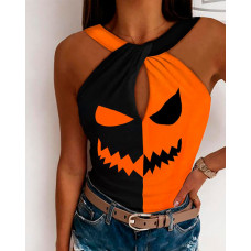 Halloween Graphic Print Colorblock Tank Top - orange