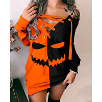 Halloween Graphic Print Eyelet Lace-up Sweatshirt Dress - orange