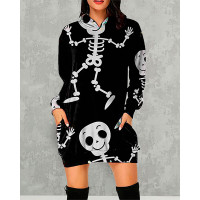 Halloween Graphic Print Hooded Sweatshirt Dress - black