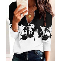 Halloween Graphic Print Zip Front Long Sleeve Top - blackwhite