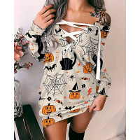 Halloween Graphic Pumpkin Print Eyelet Lace-up Sweatshirt Dress - Apricot