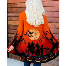 Halloween Graphic Pumpkin Print Long Sleeve Coat - orange