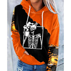 Halloween Hot Coffee Skeleton Print Long Sleeve Hoodie - orange