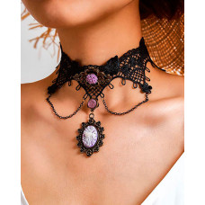 Halloween Lace Floral Pattern Rhinestone Choker - black