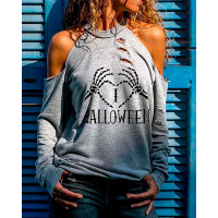 Halloween Letter Heart Skeleton Print Cutout Top - gray