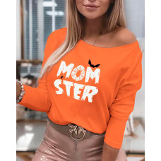 Halloween Letter Print Long Sleeve Top - orange