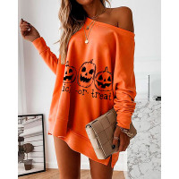 Halloween Letter Pumpkin Print Casual Sweatshirt - orange