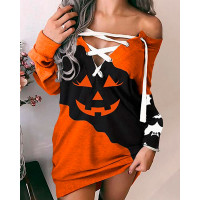 Halloween Long Sleeve Pumpkin Print Eyelet Lace-up Sweatshirt Dress - orange