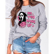 Halloween No You Hang Up Graphic Print O-Neck Sweatshirt - gray