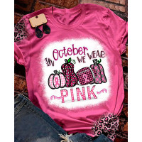 Halloween Plaid Pumpkin Slogan Print Bleached T-Shirt - pink