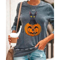 Halloween Pumpkin Head Smiley Cat Print Sweatshirt - gray