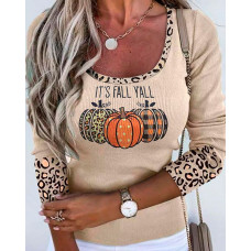 Halloween Pumpkin Leopard Print Long Sleeve Top - khaki