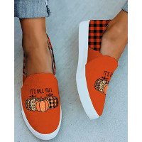 Halloween Pumpkin Letter Plaid Print Slip On Sneakers - orange