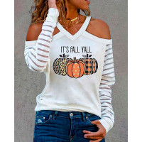 Halloween Pumpkin Letter Print Striped Cold Shoulder Top - white