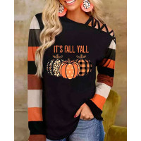 Halloween Pumpkin Print Cold Shoulder Top - black