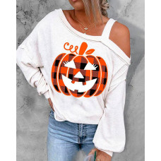 Halloween Pumpkin Print Cold Shoulder Top - white