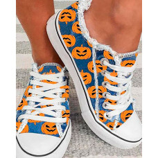 Halloween Pumpkin Print Fringe Hem Canvas Shoes - blue