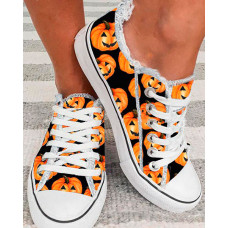 Halloween Pumpkin Print Fringe Hem Canvas Shoes - orange