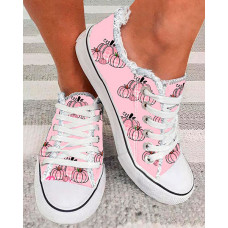 Halloween Pumpkin Print Raw Hem Lace-up Sneakers - pink