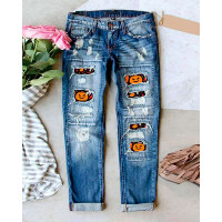 Halloween Pumpkin Print Ripped Straight Leg Jeans - blue