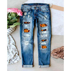 Halloween Pumpkin Print Ripped Straight Leg Jeans - blue