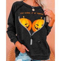 Halloween Pumpkin Print Zipper Design Sweatshirt - black