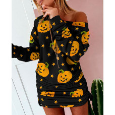 Halloween Pumpkin Star Print Casual Sweatshirt Dress - black