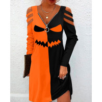 Halloween Scary Face Print Colorblock Cold Shoulder Dress - orange