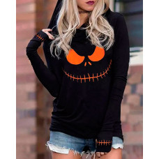 Halloween Scary Face Print Long Sleeve Sweatshirt - black