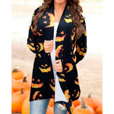 Halloween Scary Face Print Open Front Cardigan - black