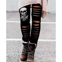 Halloween Scary Skull Print Ladder Cutout Skinny Leggings - black