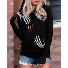 Halloween Skeleton Hands Print Long Sleeve Hoodie - black