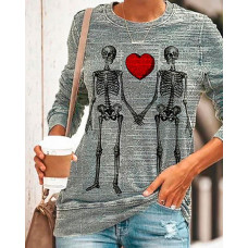 Halloween Skeleton Heart Print Long Sleeve Top - gray