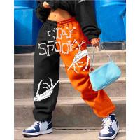 Halloween Skeleton Print Colorblock Sweatpants - orange