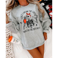 Halloween Skeleton Print Long Sleeve Sweatshirt - light gray