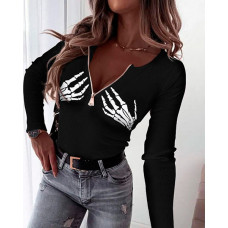 Halloween Skeleton Print Zip Front Ribbed Top - black