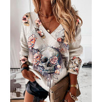 Halloween Skull Floral Print Long Sleeve Top - Apricot