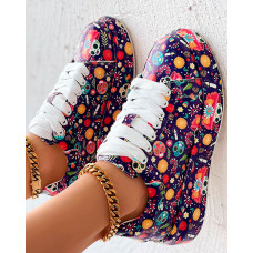 Halloween Skull Head Floral Print Lace-up Platform Sneakers - purple