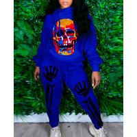 Halloween Skull Print Hooded Top & Drawstring Pants Set - blue