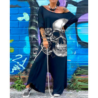 Halloween Skull Print Wide Leg Jumpsuit - blue