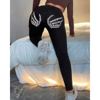 Halloween Skull Skeleton Hands Ladder Cutout Leggings - black