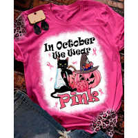 Halloween Slogan Cat Pumpkin Print Bleached T-Shirt - pink