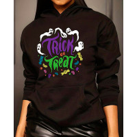 Halloween Trick Or Treat Ghost Print Pocket Design Hoodie - black