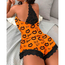 Halloween Trick Or Treat Lip Print Lace Patch Cami Set - orange