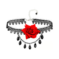 Halloween Vintage Lace Rose Pattern Choker - black