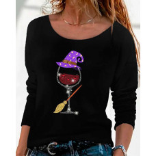 Halloween Wine Glasses Print Long Sleeve Top - black