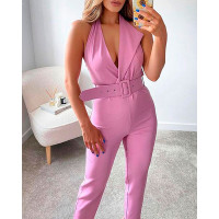 Halter Asymmetrical Neck Jumpsuit With Belt - pink