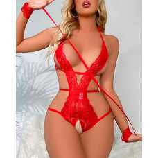 Halter Backless Crotchless Lace Teddy With Wristbands - red